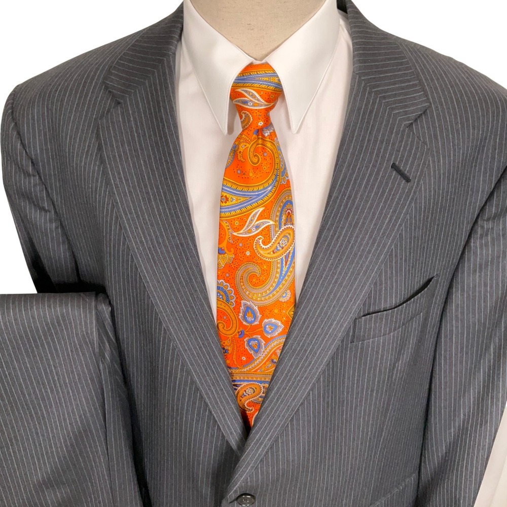 Hart Schaffner Marx Suit Mens 50R Gray Blue Gold Trumpeter Pinstripe Wool 2pc